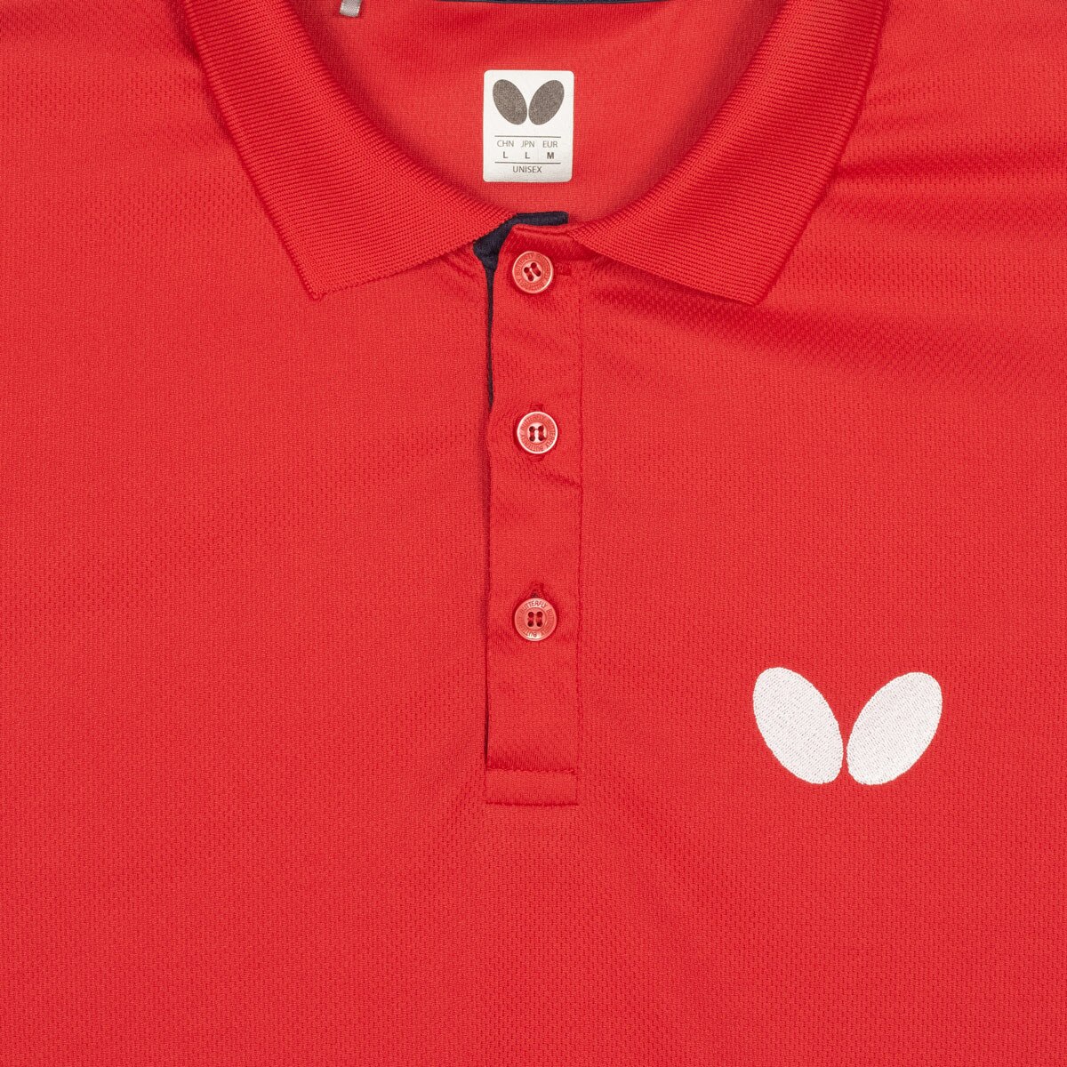 Butterfly Puren Shirt: Red Shirt Close-up of Buttons